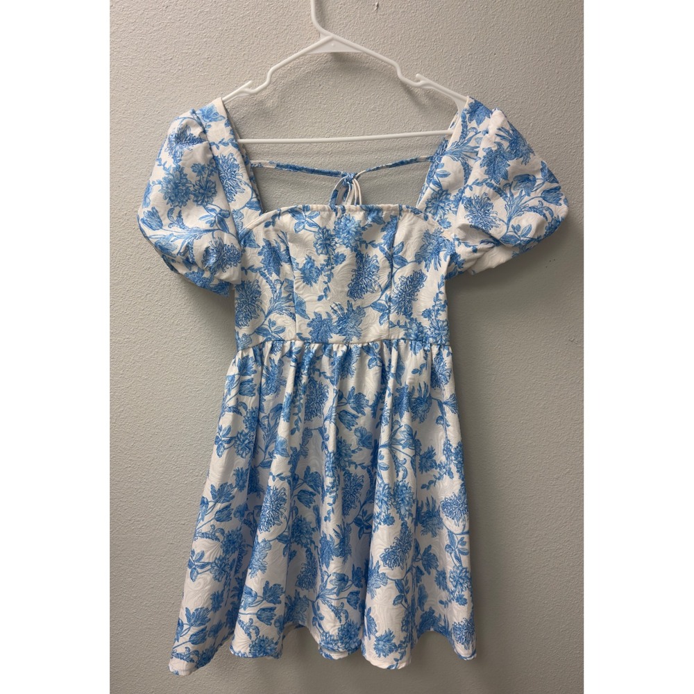 Womens‎ Floral Puff Sleeve Mini Dress S Blue White Toile Jacquard Coquette - Picture 2 of 7